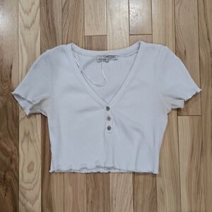Pull & Bear white ribbed lettuce hem v neck button crop top shirt